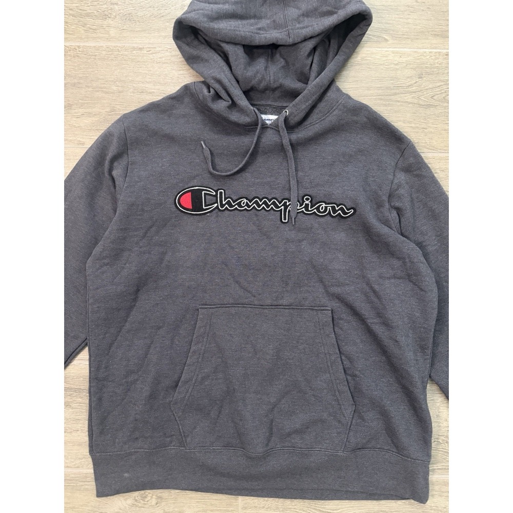 Champion Hoodie Mens Large Gray Script Logo Pullover Sweatshirt Embroidered - Picture 2 of 16